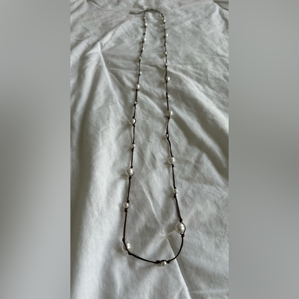 ✨ SOLD ✨ White Faux Pearl and Brown Cord Adjustable Long Strand Necklace